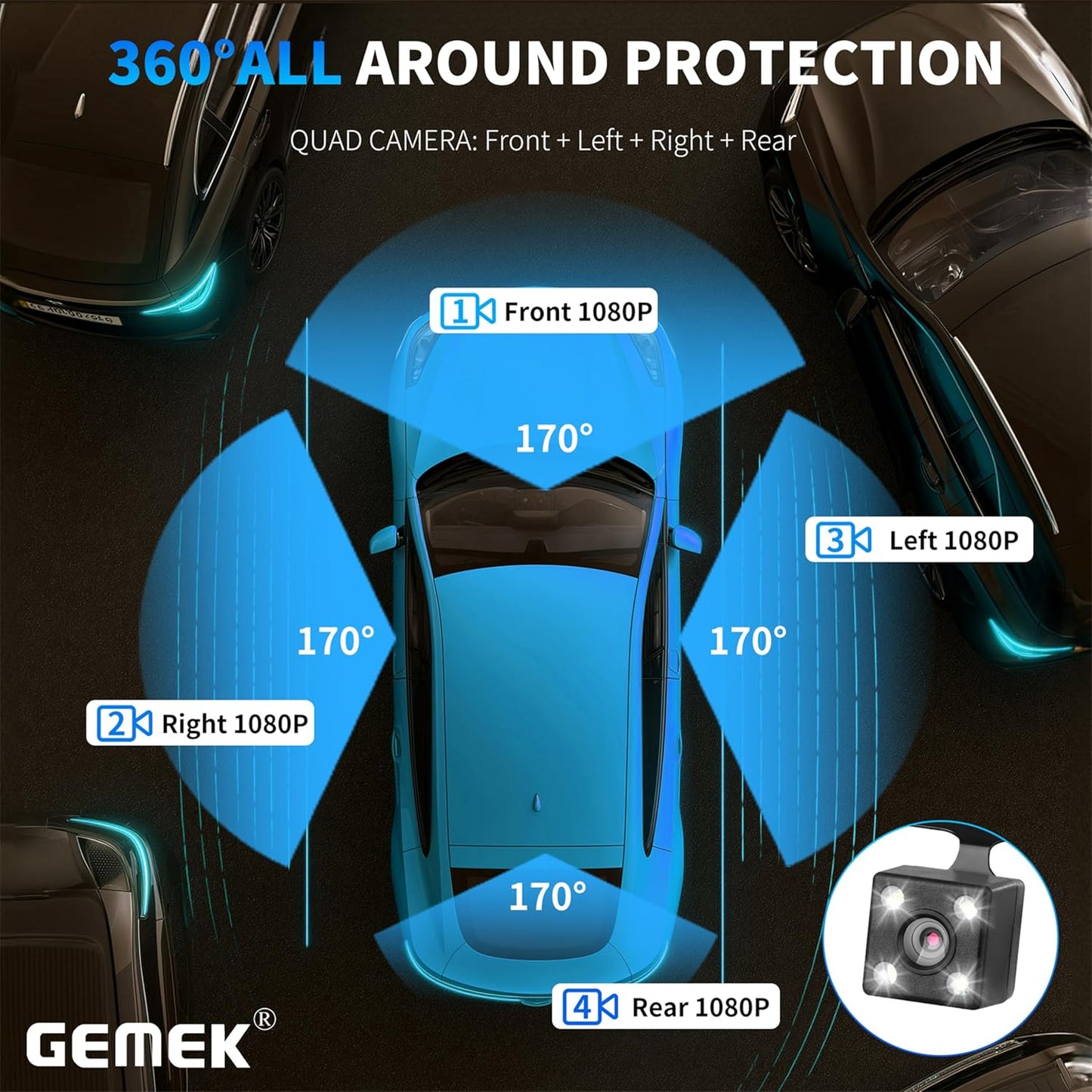 4 Channel Dash Cam 360° View 5G Wifi & APP Control,  2K Front and Rear Inside, Left Right Dash Camera for Cars Free 64GB TF Card, G-Sensor, Night Vision, 24H Parking Mode